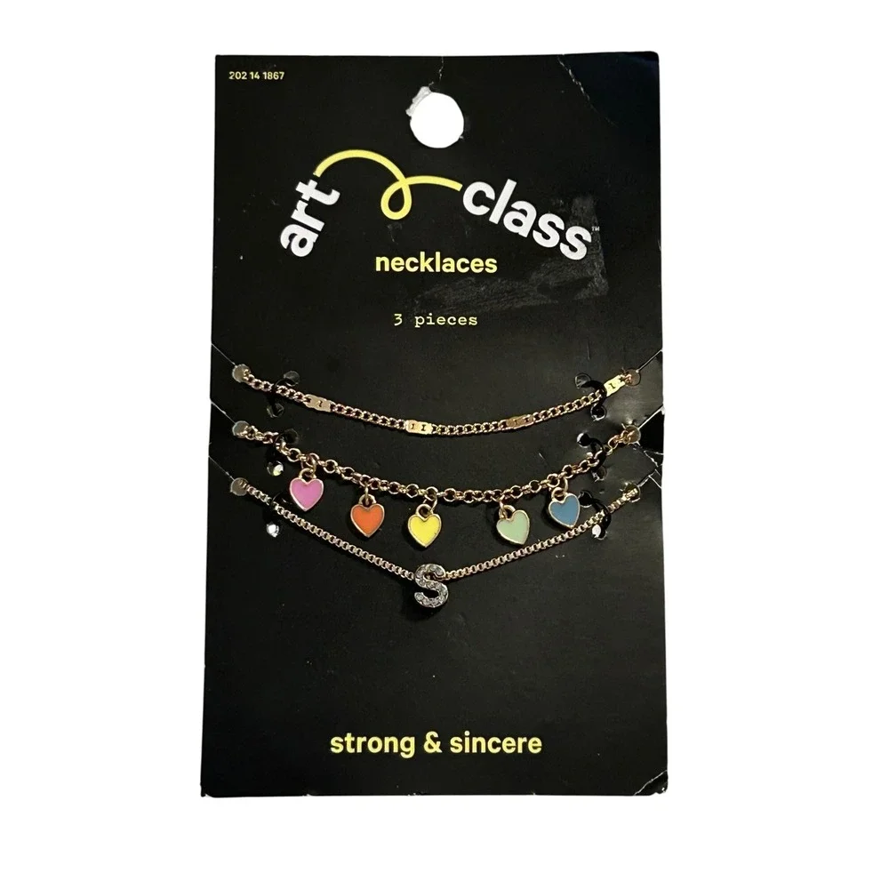 Art Class Necklaces‎ 3 Piece Heart Charm Dainty Gold Tone Layered Kids
